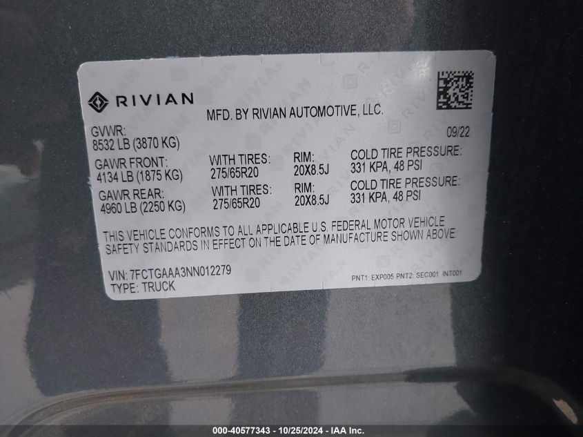 2022 Rivian R1T Adventure VIN: 7FCTGAAA3NN012279 Lot: 40577343