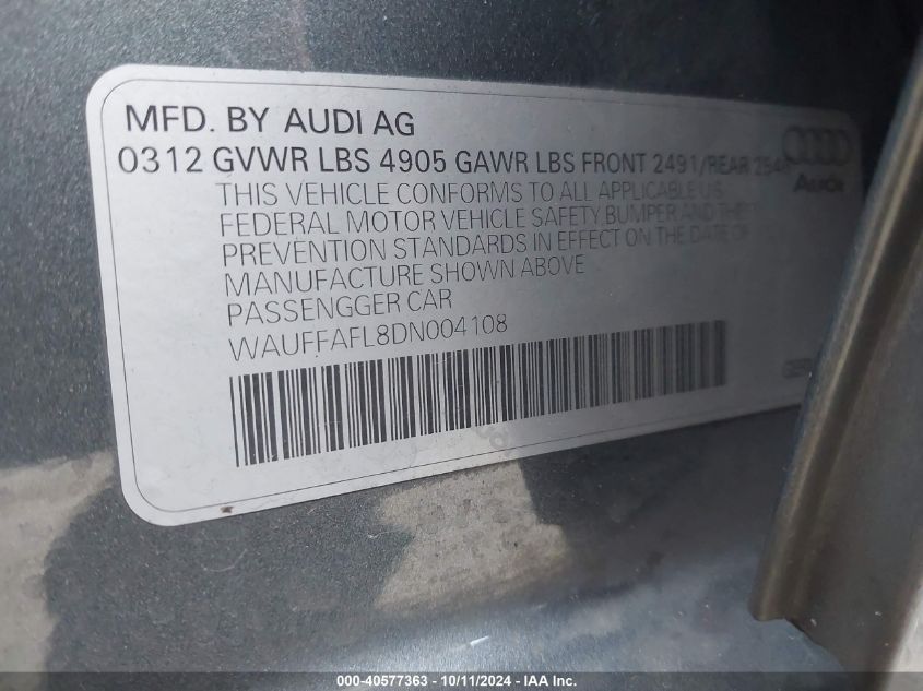 2013 Audi A4 Premium Plus VIN: WAUFFAFL8DN004108 Lot: 40577363