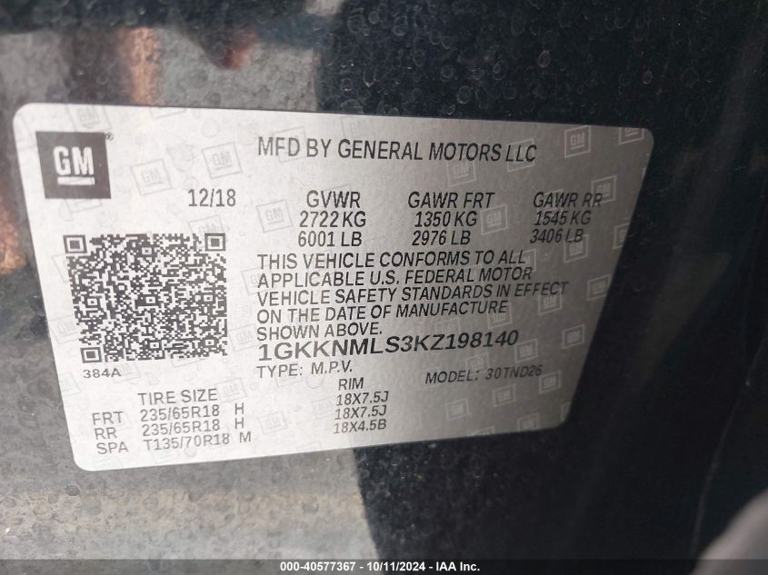 1GKKNMLS3KZ198140 2019 GMC Acadia Slt-1