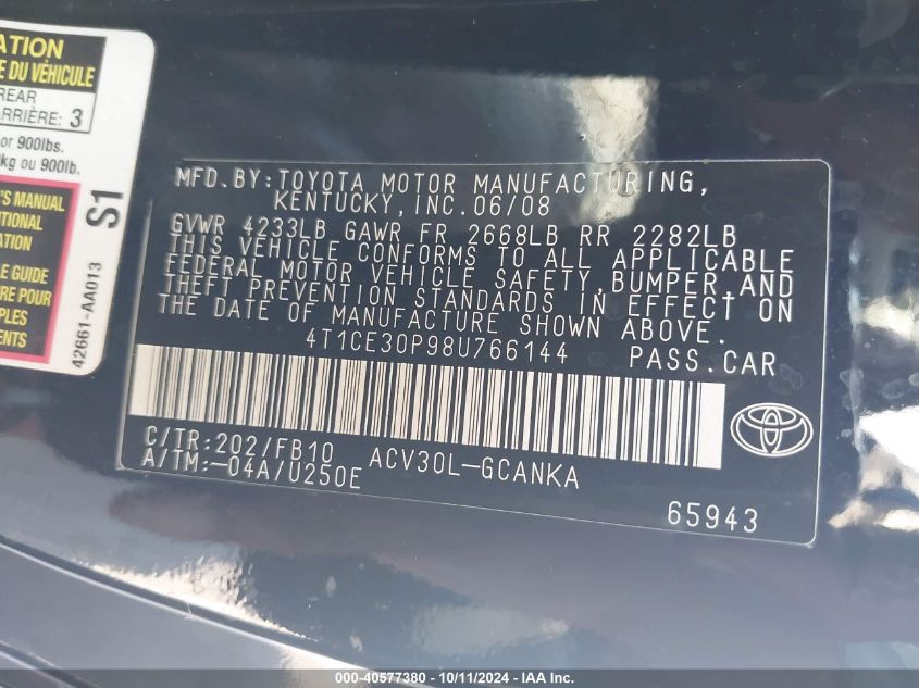 4T1CE30P98U766144 2008 Toyota Camry Solara Se