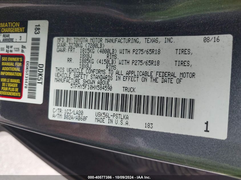 5TFHY5F10HX584590 2017 Toyota Tundra Limited 5.7L V8