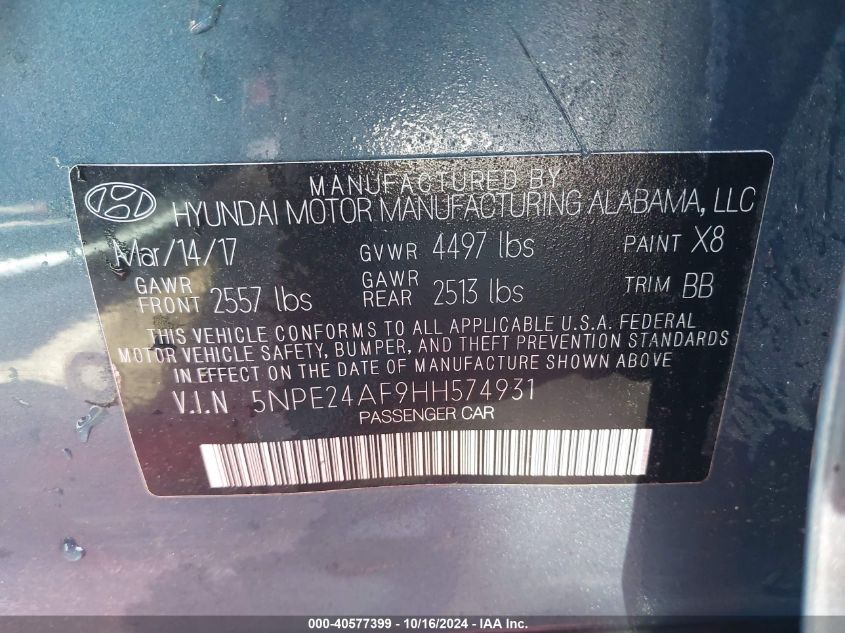 VIN 5NPE24AF9HH574931 2017 HYUNDAI SONATA