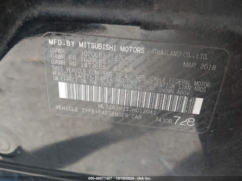 2018 Mitsubishi Mirage Es VIN: ML32A3HJ3JH012041 Lot: 40577407