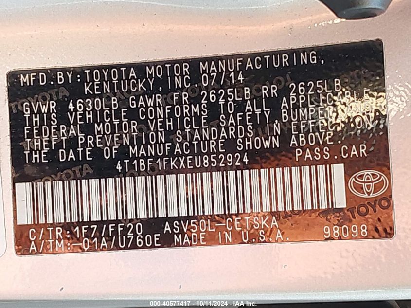 4T1BF1FKXEU852924 2014 Toyota Camry L/Se/Le/Xle