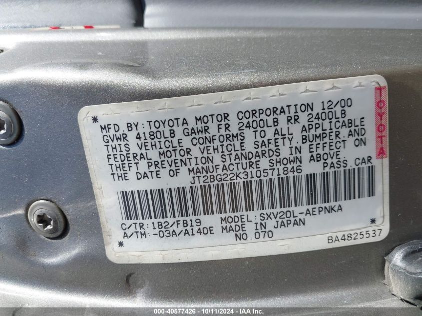 JT2BG22K310571846 2001 Toyota Camry Le