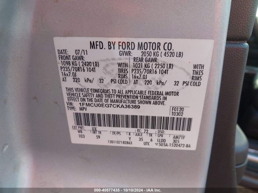 1FMCU0EG7CKA36389 2012 Ford Escape Limited