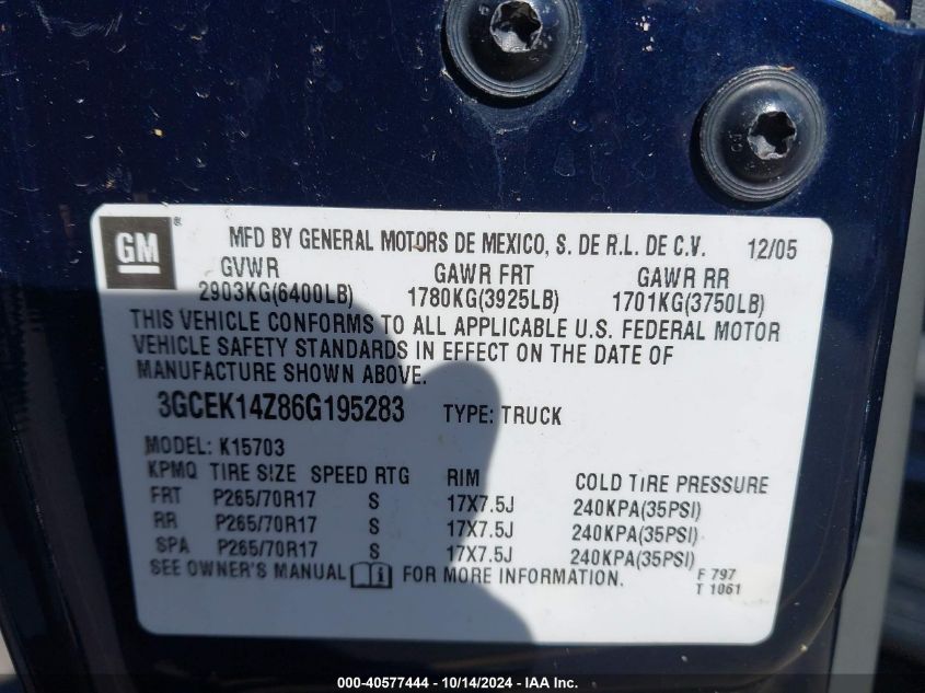 2006 Chevrolet Silverado 1500 Lt1 VIN: 3GCEK14Z86G195283 Lot: 40577444
