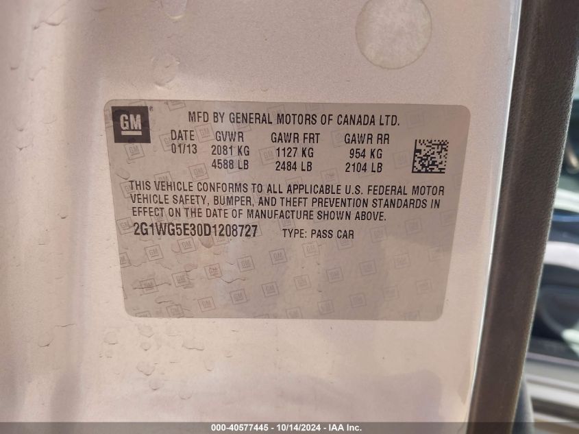 2013 Chevrolet Impala Lt VIN: 2G1WG5E30D1208727 Lot: 40577445