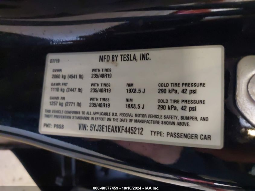 5YJ3E1EAXKF445212 2019 Tesla Model 3 Long Range/Mid Range/Standard Range/Standard Range Plus