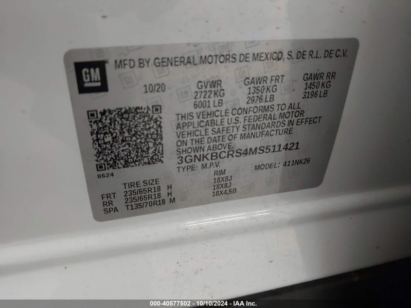 3GNKBCRS4MS511421 2021 Chevrolet Blazer Fwd 2Lt