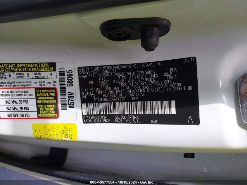 5TDYK3DC6ES454213 2014 Toyota Sienna Xle/Limited