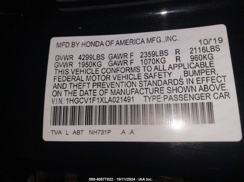 1HGCV1F1XLA02149 2020 Honda Accord Lx