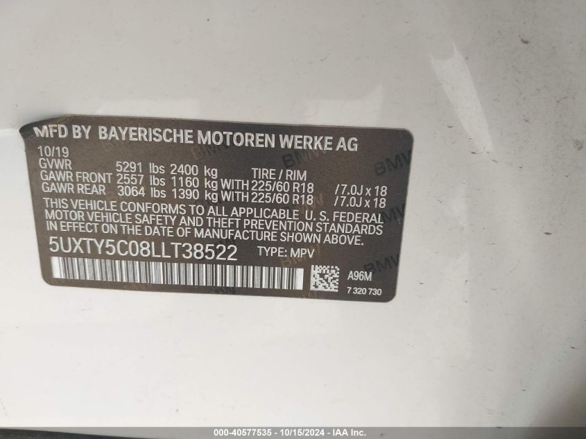 2020 BMW X3 xDrive30I VIN: 5UXTY5C08LLT38522 Lot: 40577535