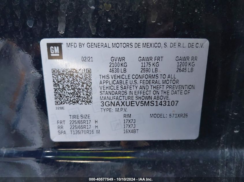 3GNAXUEV5MS143107 2021 Chevrolet Equinox Awd Lt