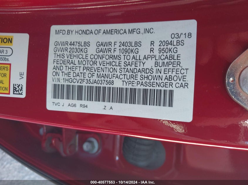 VIN 1HGCV2F35JA037568 2018 HONDA ACCORD SPORT 2.0T