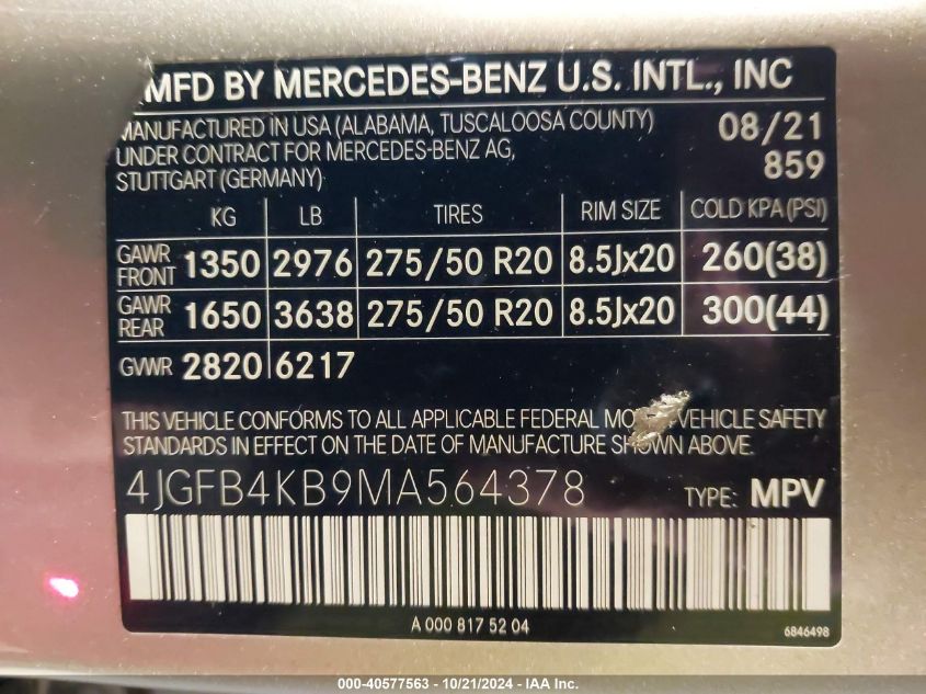 2021 Mercedes-Benz Gle 350 4Matic VIN: 4JGFB4KB9MA564378 Lot: 40577563