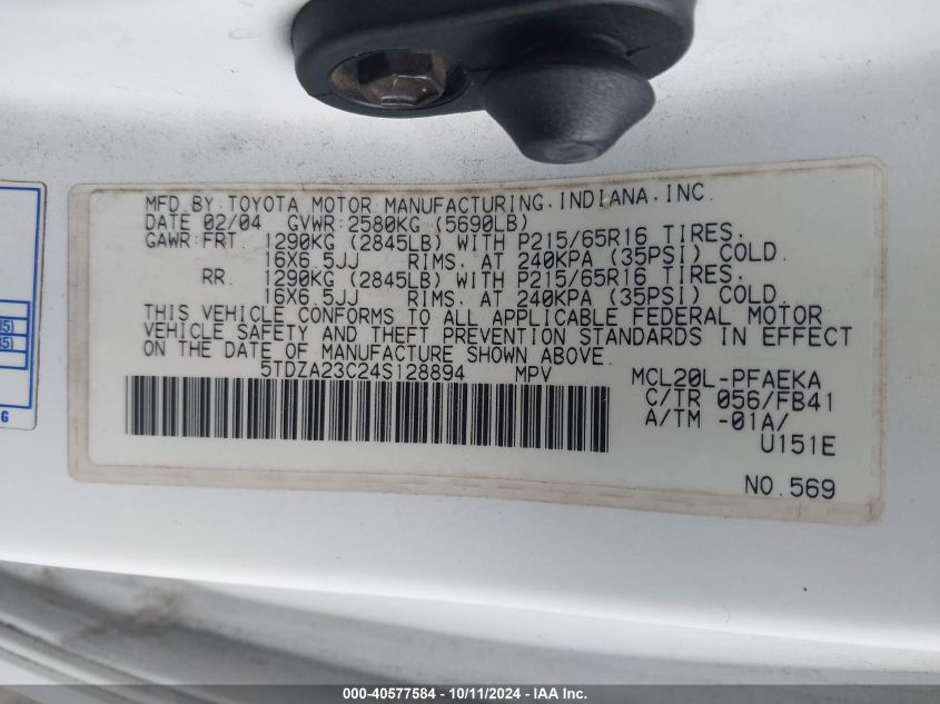 5TDZA23C24S128894 2004 Toyota Sienna Ce/Le