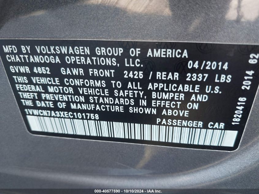 1VWCN7A3XEC101758 2014 Volkswagen Passat 2.0L Tdi Sel Premium