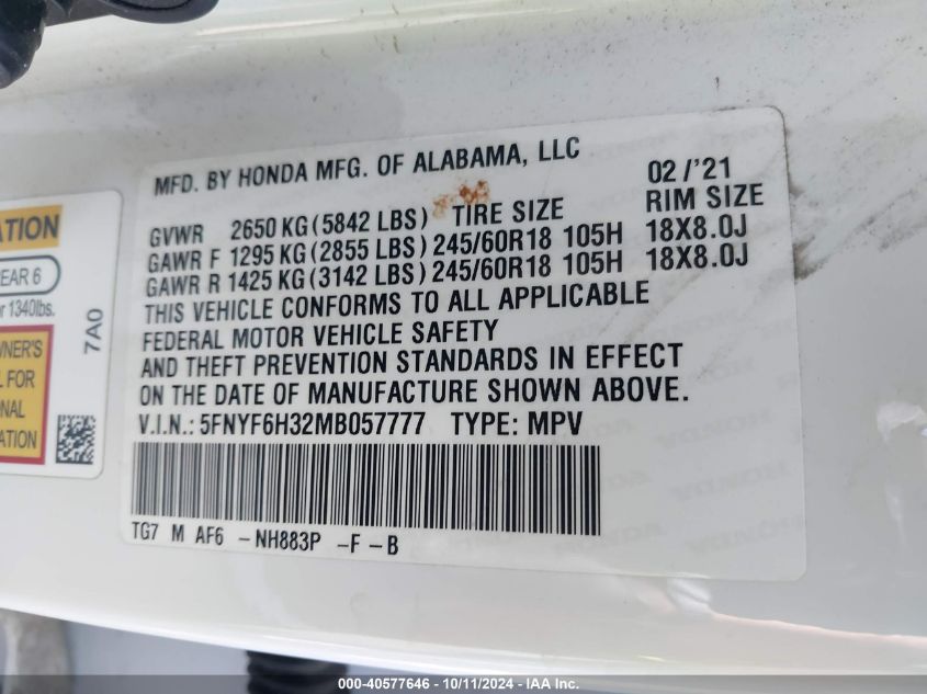 5FNYF6H32MB057777 2021 Honda Pilot Ex