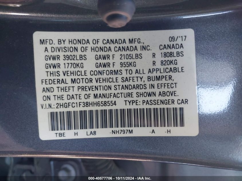 2HGFC1F38HH658554 2017 Honda Civic Ex-T