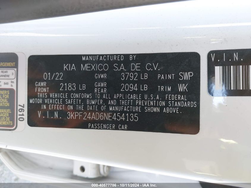 3KPF24AD6NE454135 2022 Kia Forte Lxs