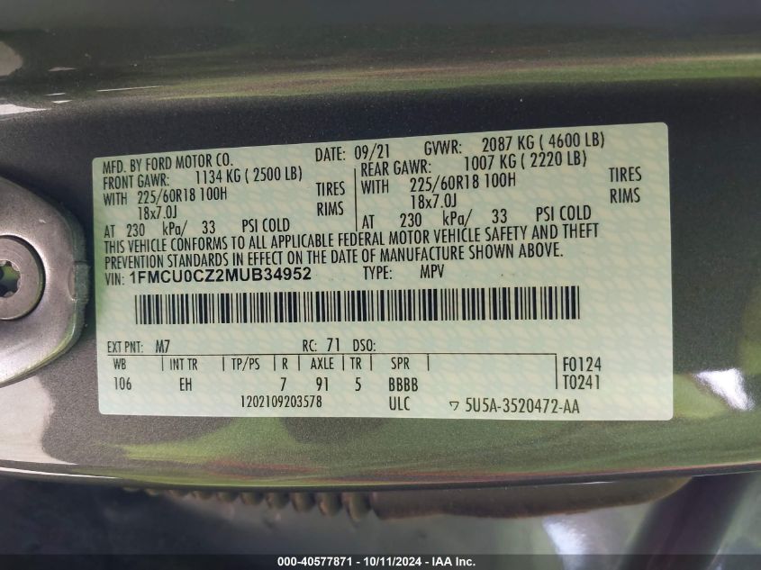 1FMCU0CZ2MUB34952 2021 Ford Escape Sel Hybrid