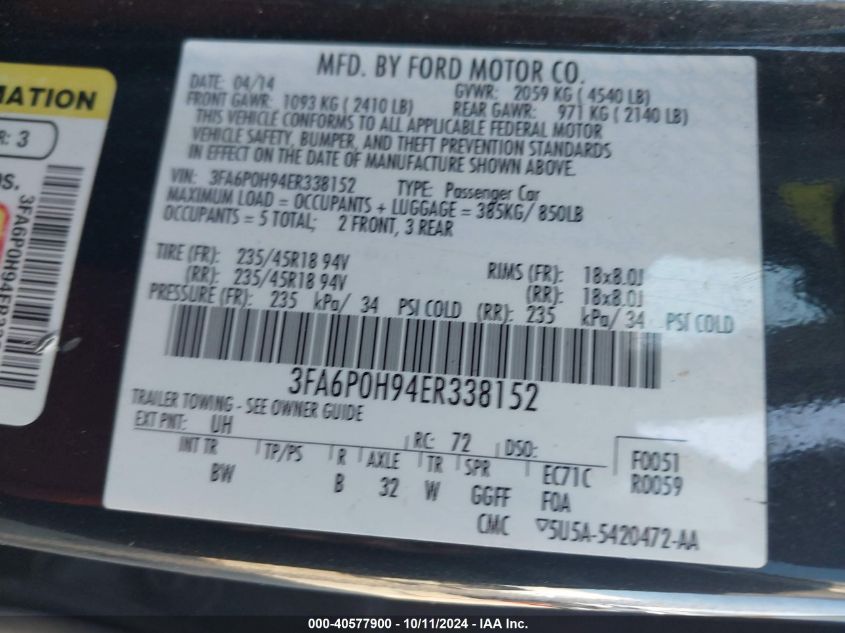 3FA6P0H94ER338152 2014 Ford Fusion Se