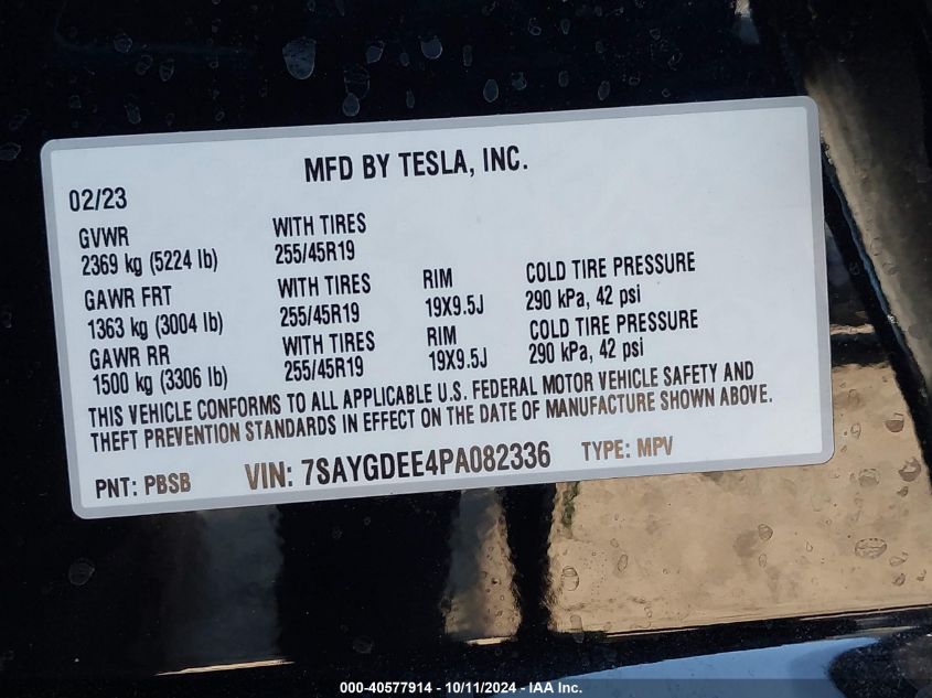 2023 TESLA MODEL Y AWD/LONG RANGE DUAL MOTOR ALL-WHEEL DRIVE - 7SAYGDEE4PA082336