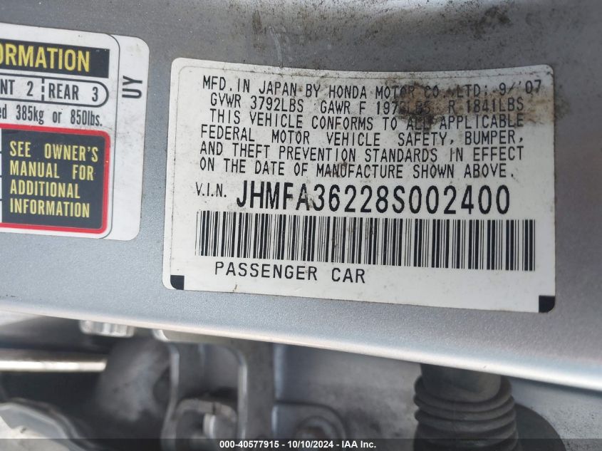 JHMFA36228S002400 2008 Honda Civic Hybrid