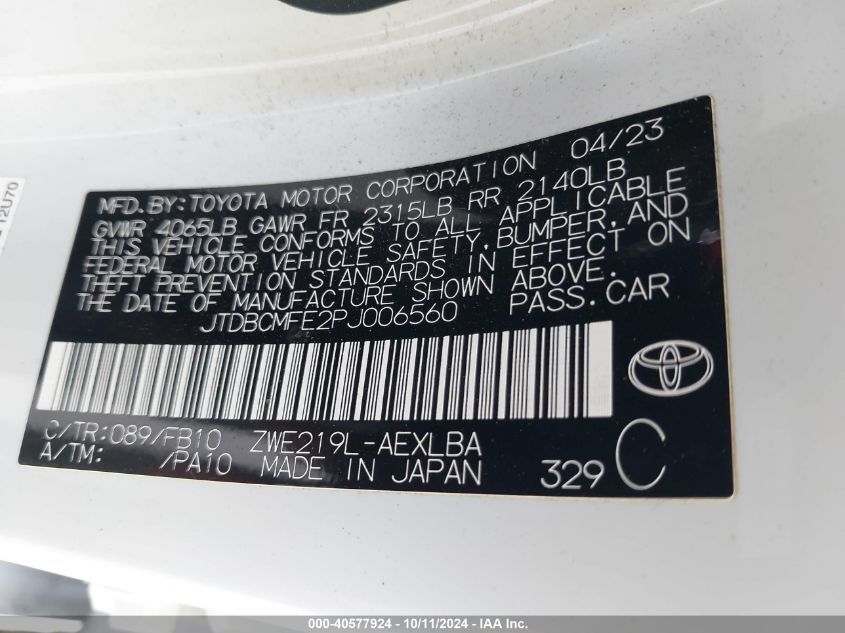 JTDBCMFE2PJ006560 2023 Toyota Corolla Hybrid Le