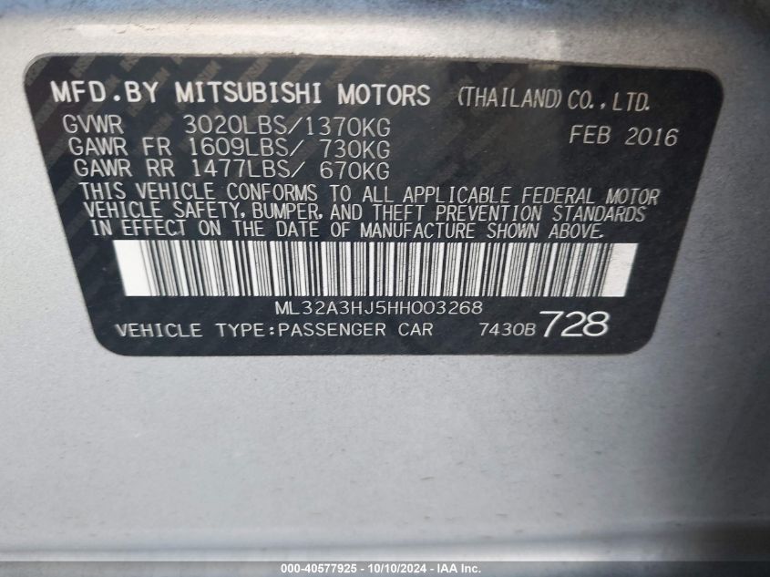 2017 Mitsubishi Mirage Es VIN: ML32A3HJ5HH003268 Lot: 40577925