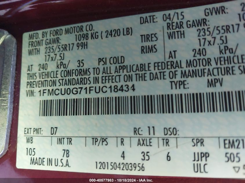 2015 Ford Escape Se VIN: 1FMCU0G71FUC18434 Lot: 40577983