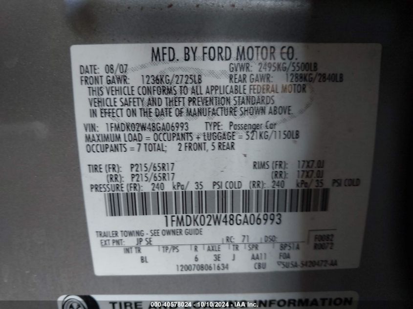 1FMDK02W48GA06993 2008 Ford Taurus X Sel