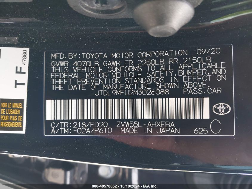 JTDL9MFU2M3026088 2021 Toyota Prius Le Awd-E