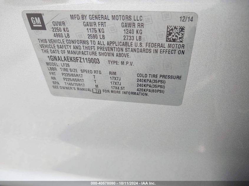 1GNALAEK8FZ119003 2015 Chevrolet Equinox Ls