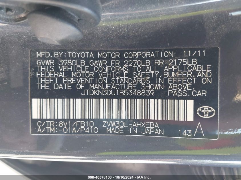 JTDKN3DU1B5348839 2011 Toyota Prius Three