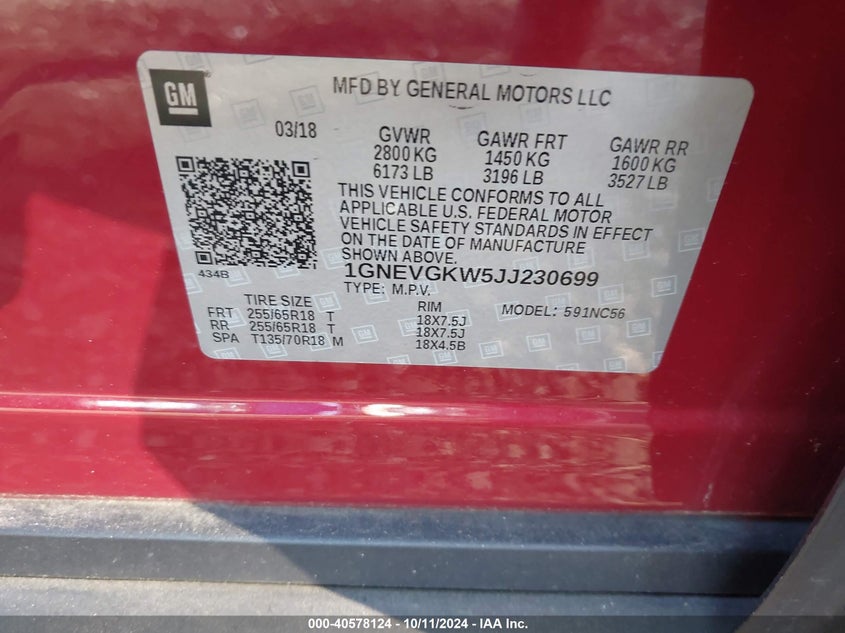 2018 CHEVROLET TRAVERSE 1LT - 1GNEVGKW5JJ230699