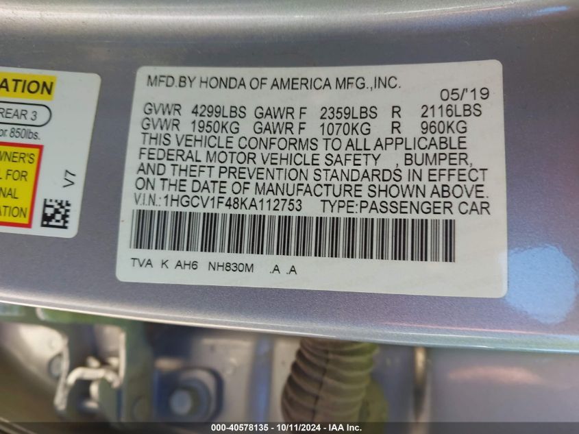 1HGCV1F48KA112753 2019 Honda Accord Ex