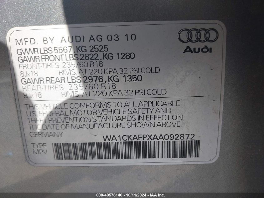 WA1CKAFPXAA092872 2010 Audi Q5 3.2 Premium