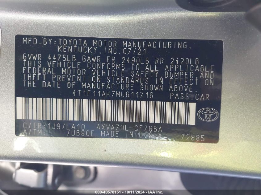 4T1F11AK7MU611716 2021 Toyota Camry Xle