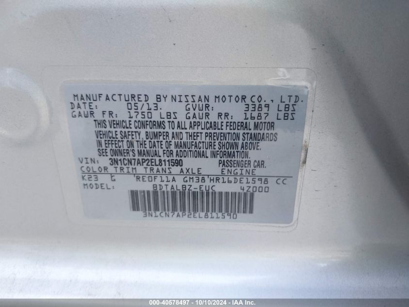 3N1CN7AP2EL811590 2014 Nissan Versa 1.6 Sv