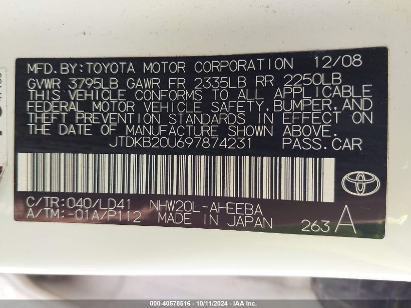 JTDKB20U697874231 2009 Toyota Prius