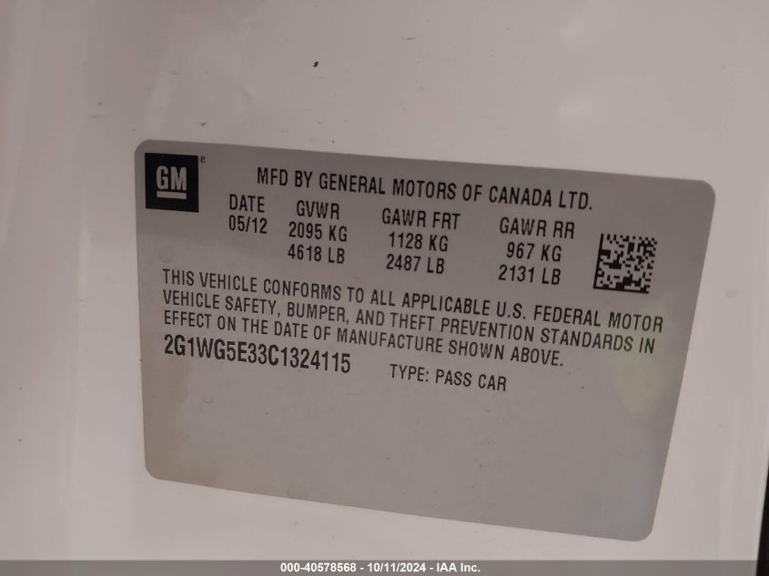 2G1WG5E33C1324115 2012 Chevrolet Impala Lt