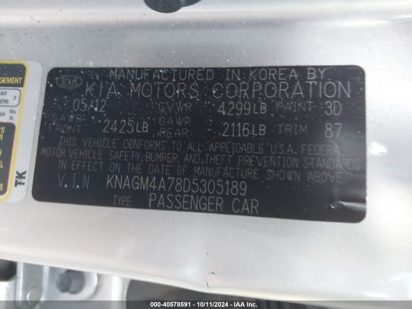 KNAGM4A78D5305189 2013 Kia Optima Lx