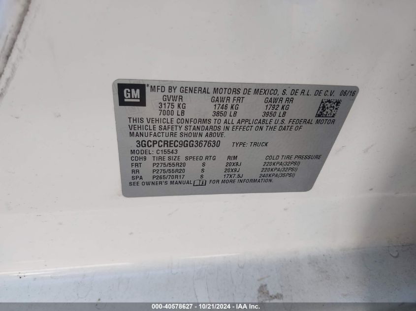 2016 Chevrolet Silverado 1500 1Lt VIN: 3GCPCREC9GG367630 Lot: 40578627