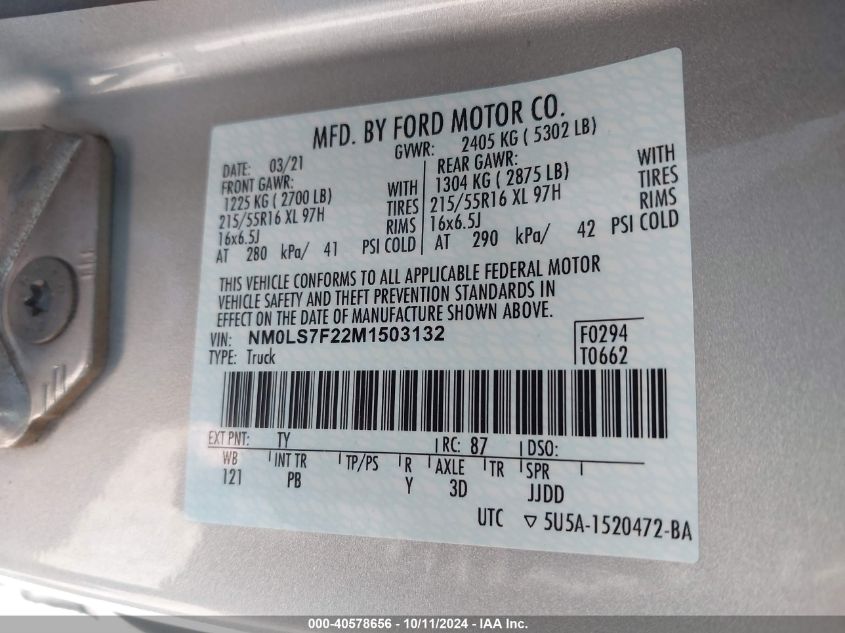 NM0LS7F22M1503132 2021 Ford Transit Connect Xlt Cargo Van