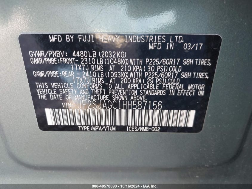 2017 Subaru Forester 2.5I Premium VIN: JF2SJAGC1HH587156 Lot: 40578690