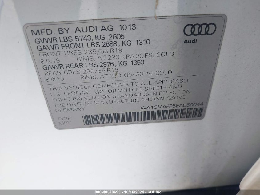 2014 Audi Q5 3.0 Tdi Premium Plus VIN: WA1CMAFP5EA050044 Lot: 40578693