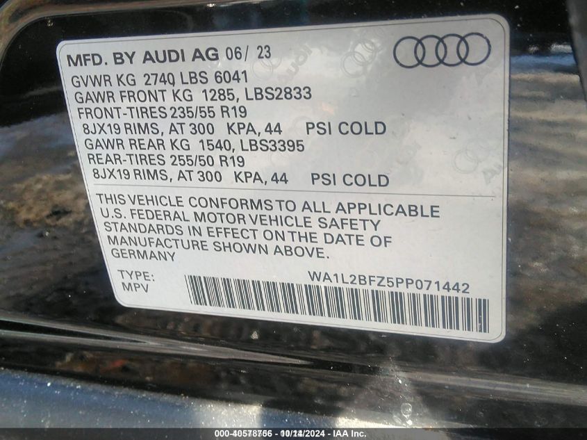 2023 Audi Q4 E-Tron Premium Plus 50 Quattro VIN: WA1L2BFZ5PP071442 Lot: 40578756