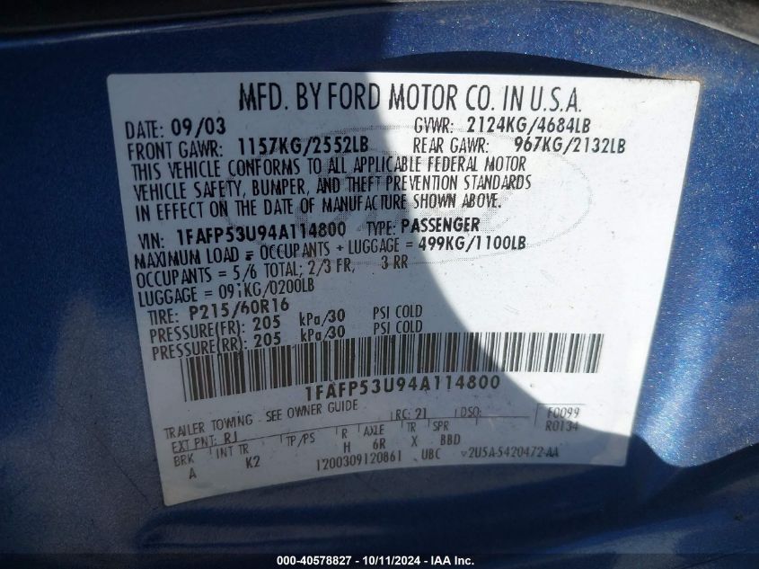 1FAFP53U94A114800 2004 Ford Taurus Se